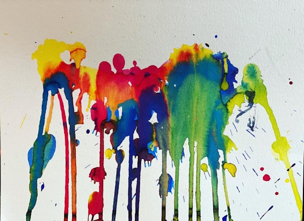 A child's abstract painting of connected splatters and drips in rainbow colors.