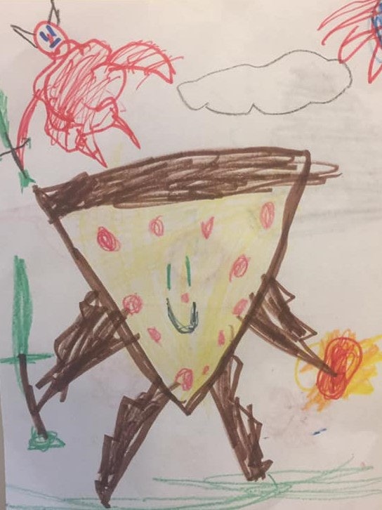 Child's drawing of a slice of pizza styled as a warrior.