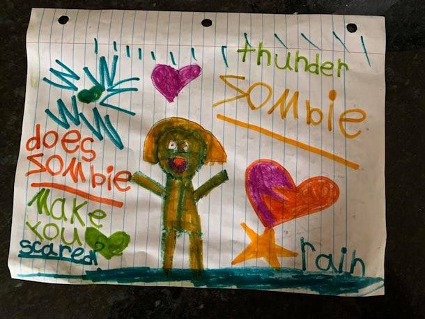 Child's drawing of a green zombie with words "Does make you scared?" written beside it.