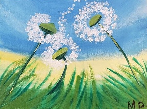 Child's painting of dandelion puff balls.