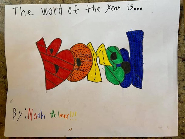 The words "The word of the year is... BORED!" written artistically in marker.