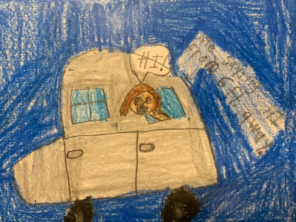 Child's drawing of a girl saying "Hi" from her car window.