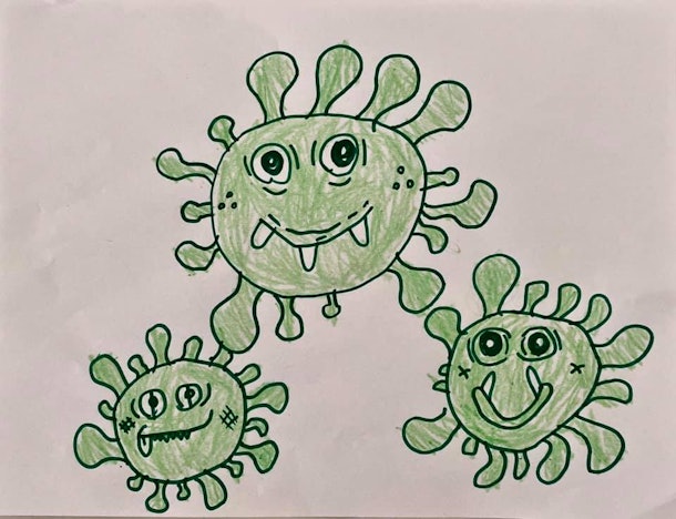 A child's drawing of three anthropomorphic coronavirus germs.