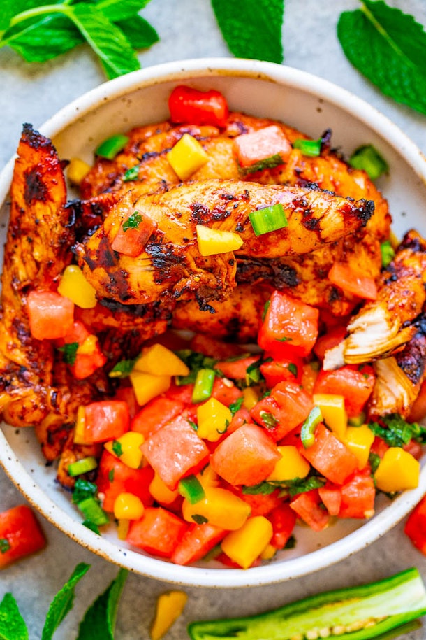 Grilled Chicken with Watermelon Mango Mint Salsa is the perfect dinner recipe to use up your watermelon. 