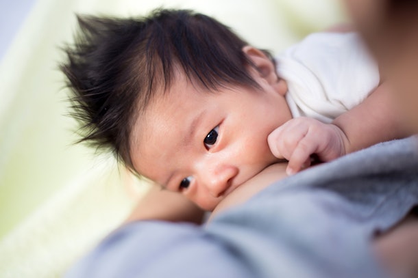 Young mother breastfeeding the newborm baby - indoors